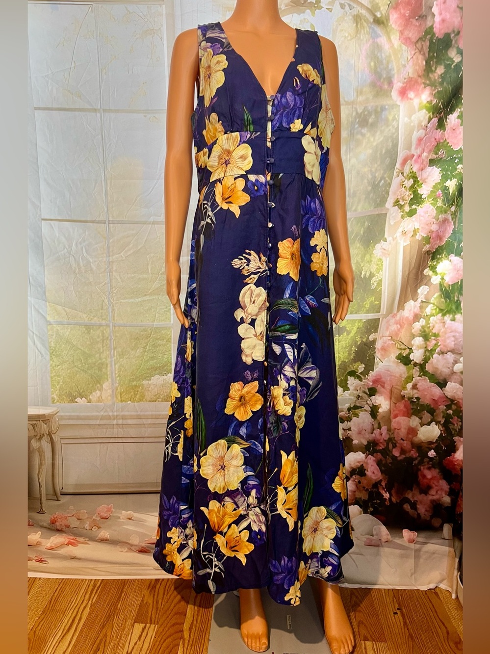 Ochie Floral  Button-Front Navy Maxi Dress
